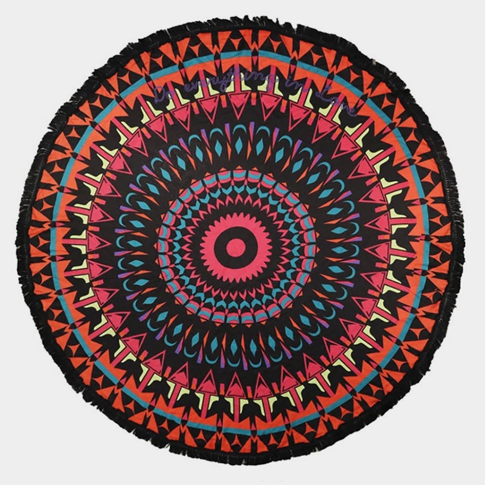 Round Shaped Mandela Print Summer Beach Towel w Tassel Trim